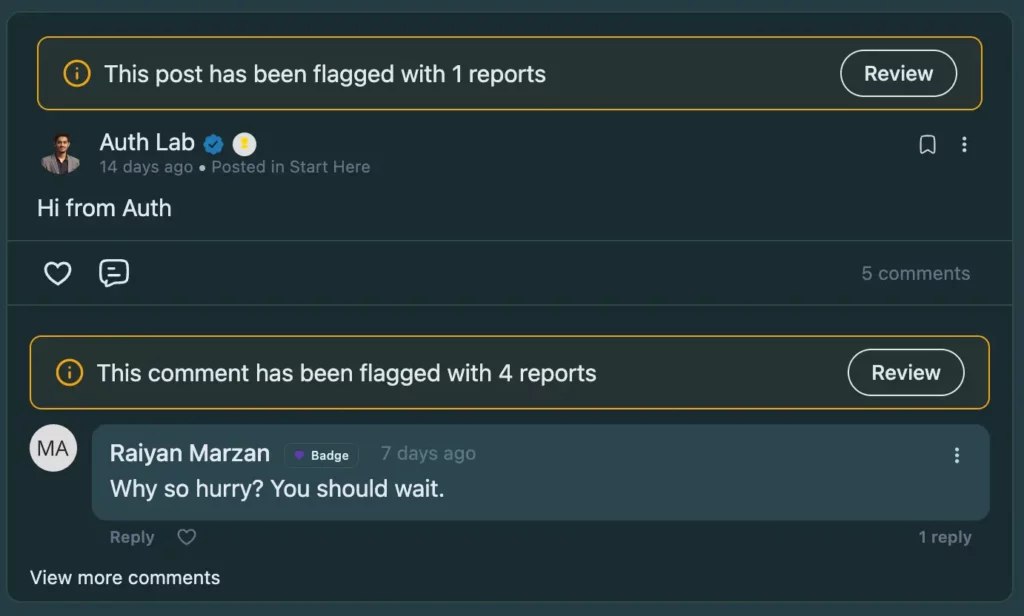 Content moderation feature of fluentcommunity