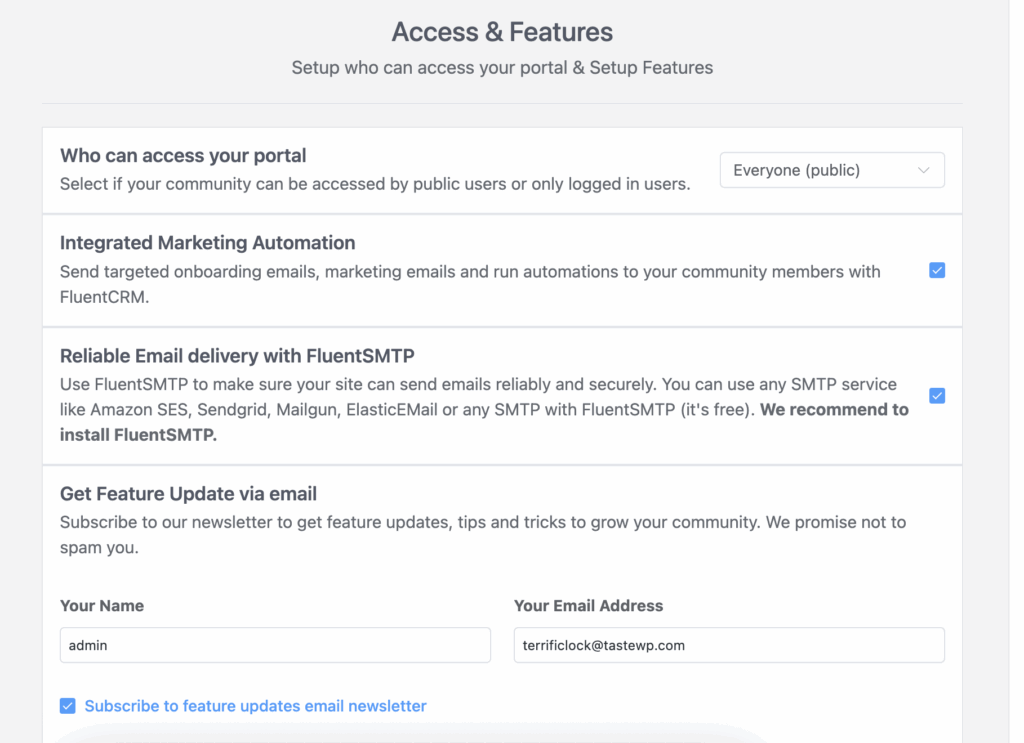 email automation settings, fluentcommunity