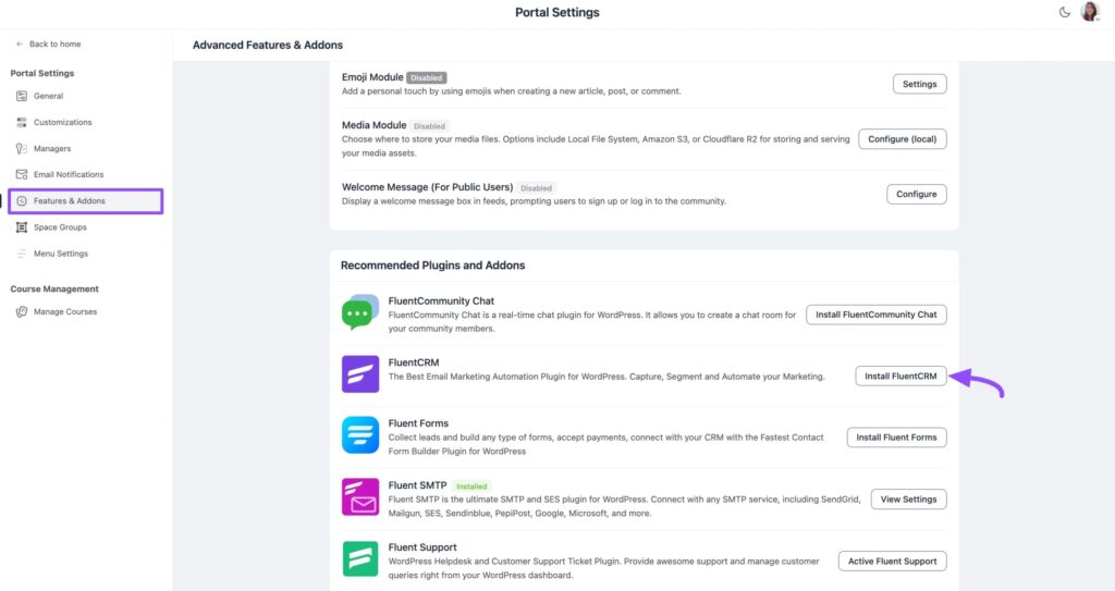 FluentCRM, features and addons, fluentcommunity