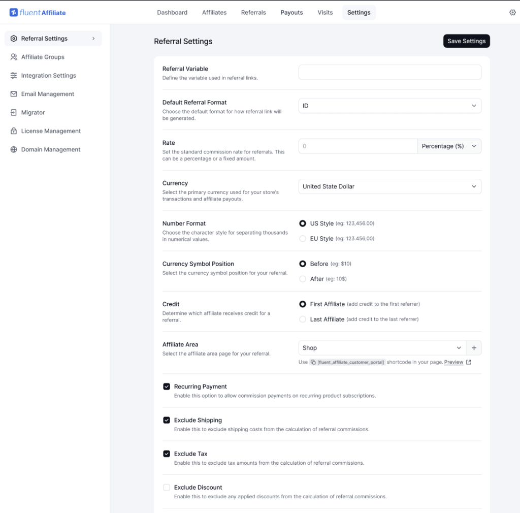 referral settings, fluentaffiliate