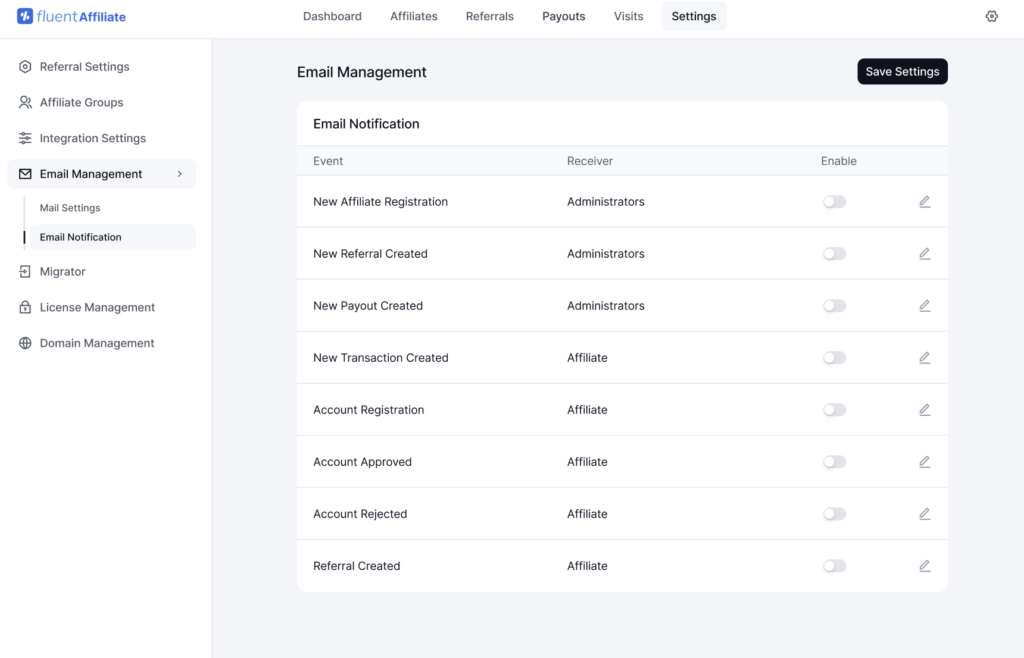 email settings, fluentaffiliate, wordpress