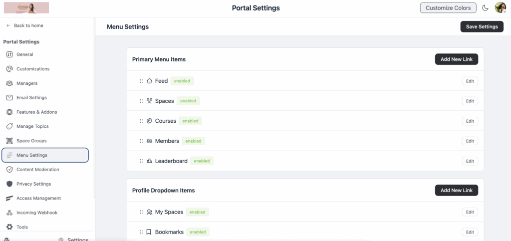 fluentcommunity menu settings, activity feeds, spaces, settings