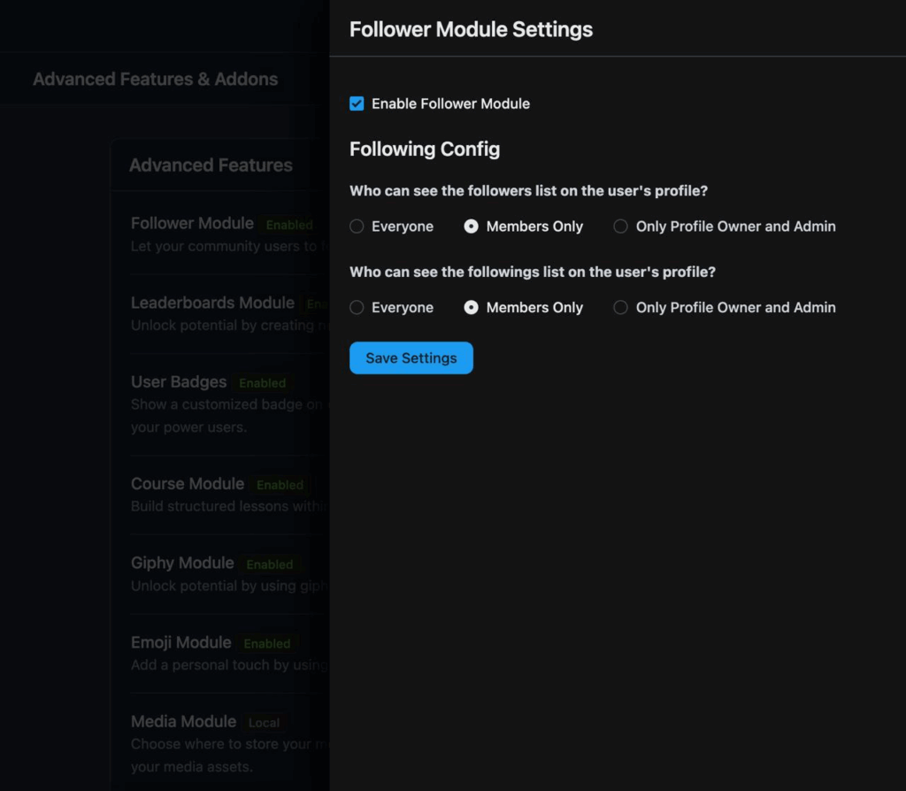 Follower module settings