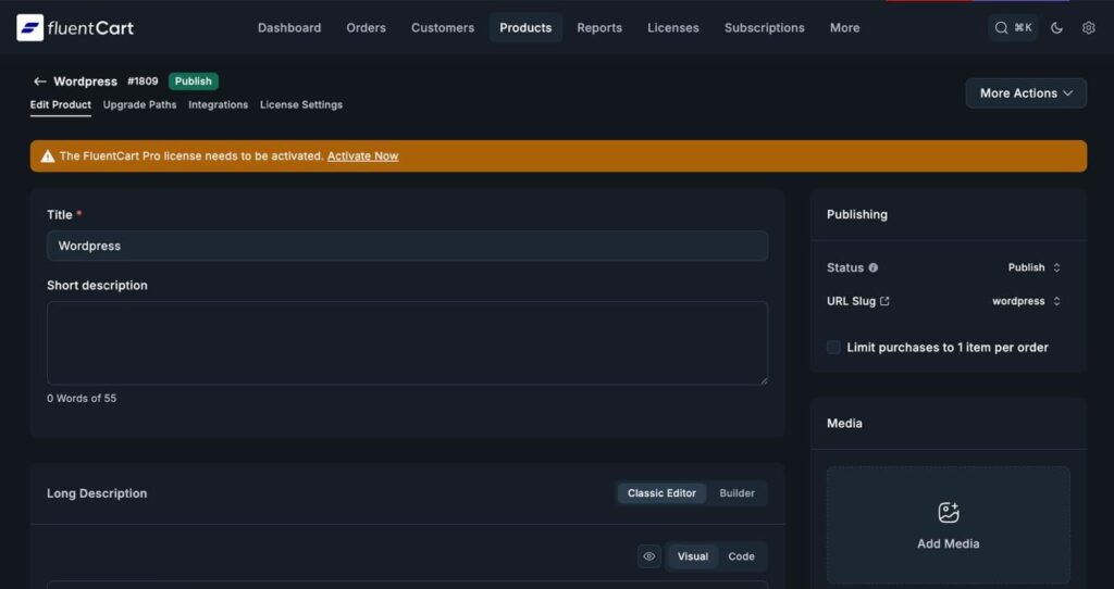 WordPress, FluentCart product editing option