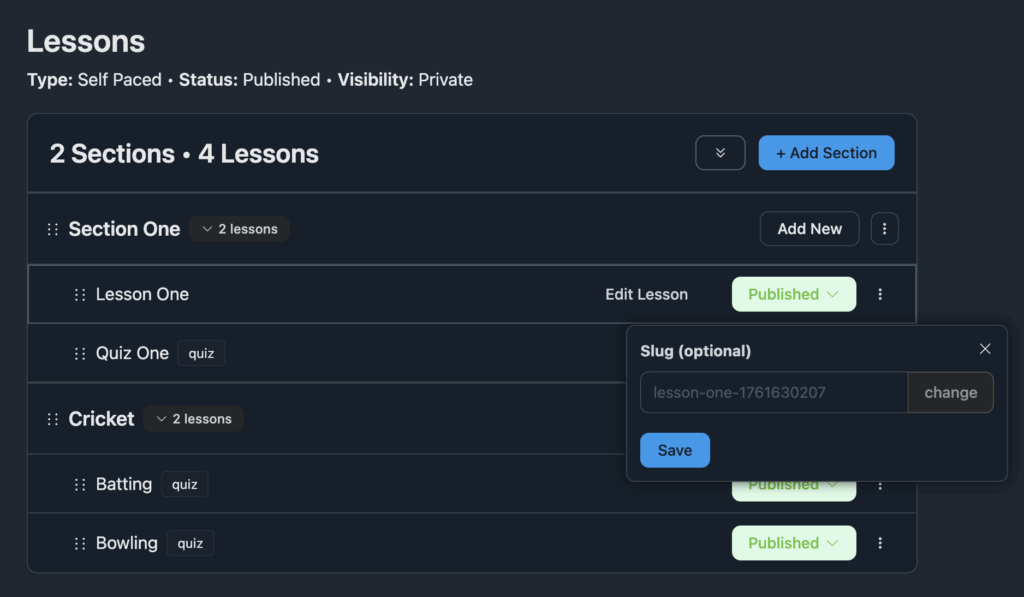 lesson slug edit option