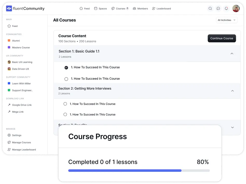 FluentCommunity course progress tracking
