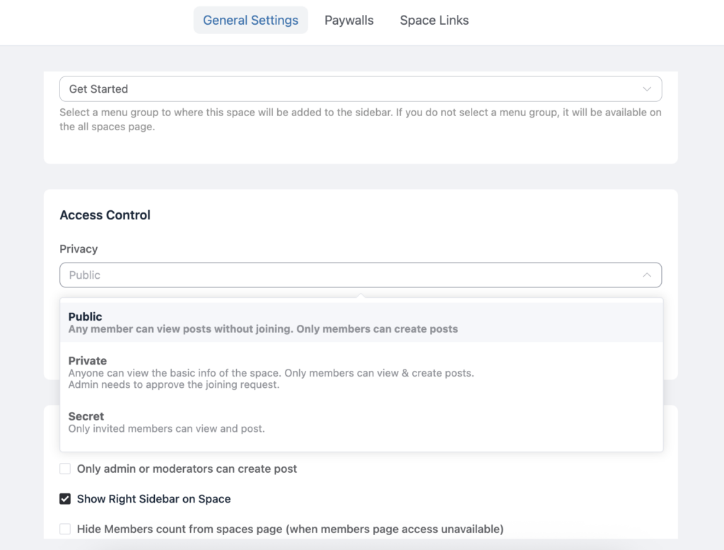 space settings, FluentCommunity