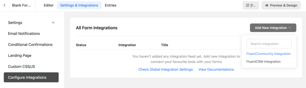 Fluent Forms, Integrations settings