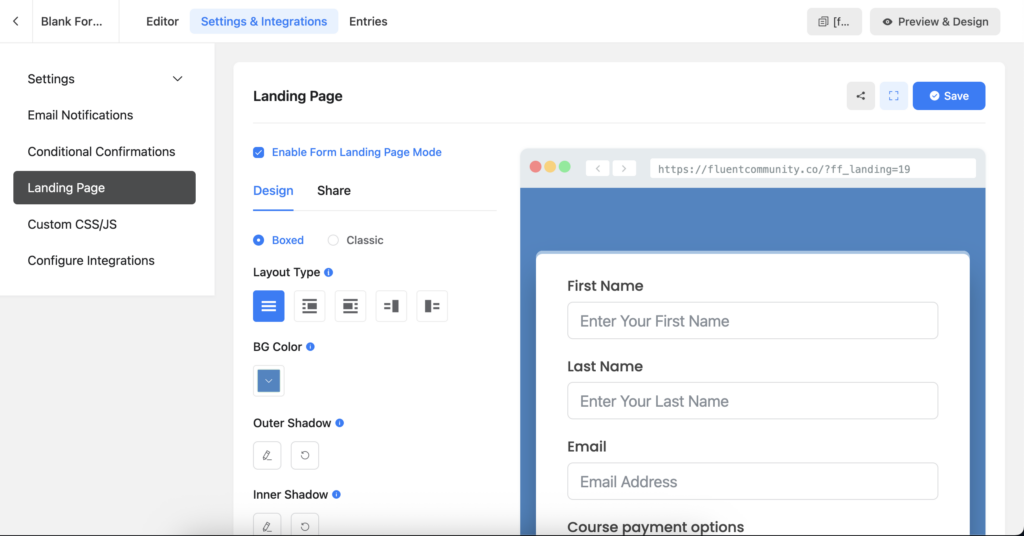 Landing page settings, Fluent Forms