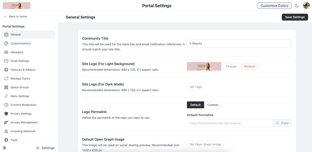 fluentcommunity, portal settings