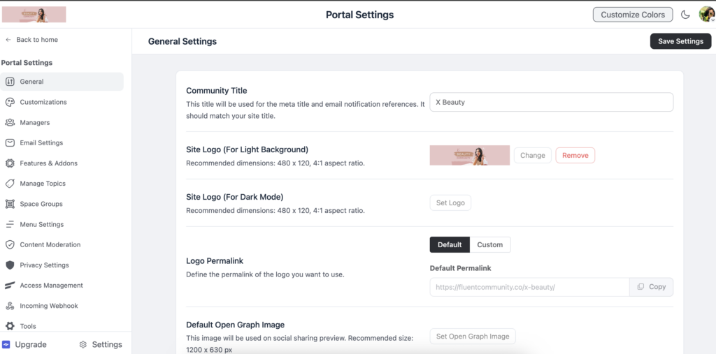 portal settings, fluentcommunity