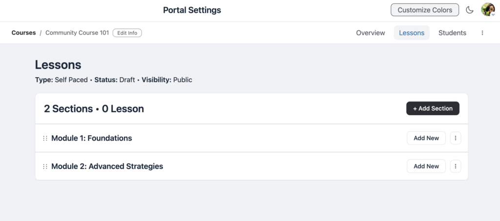 Modules in course section