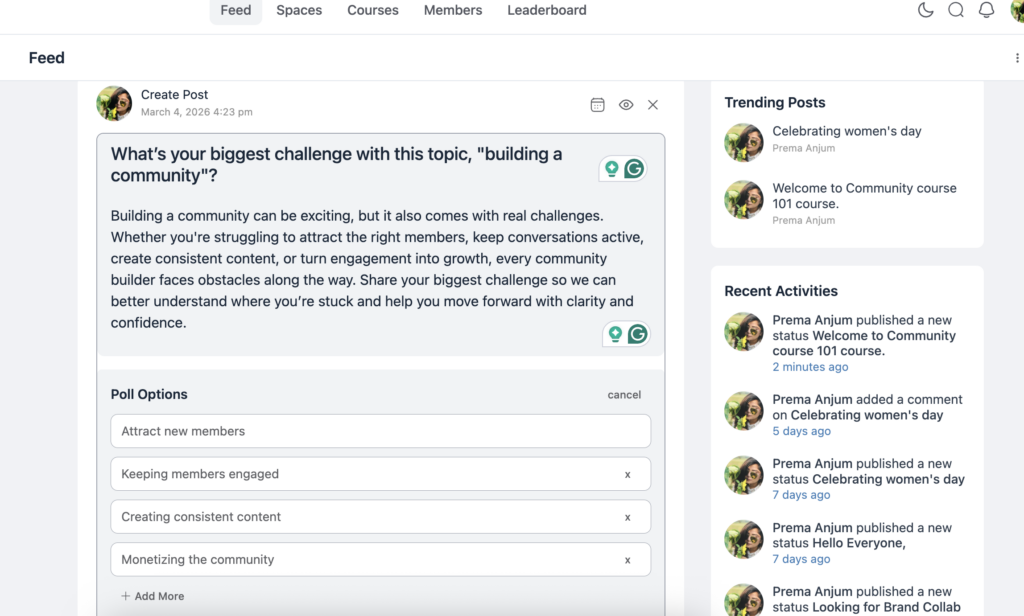activity feed, fluentcommunity, wordpress, polls, and surveys