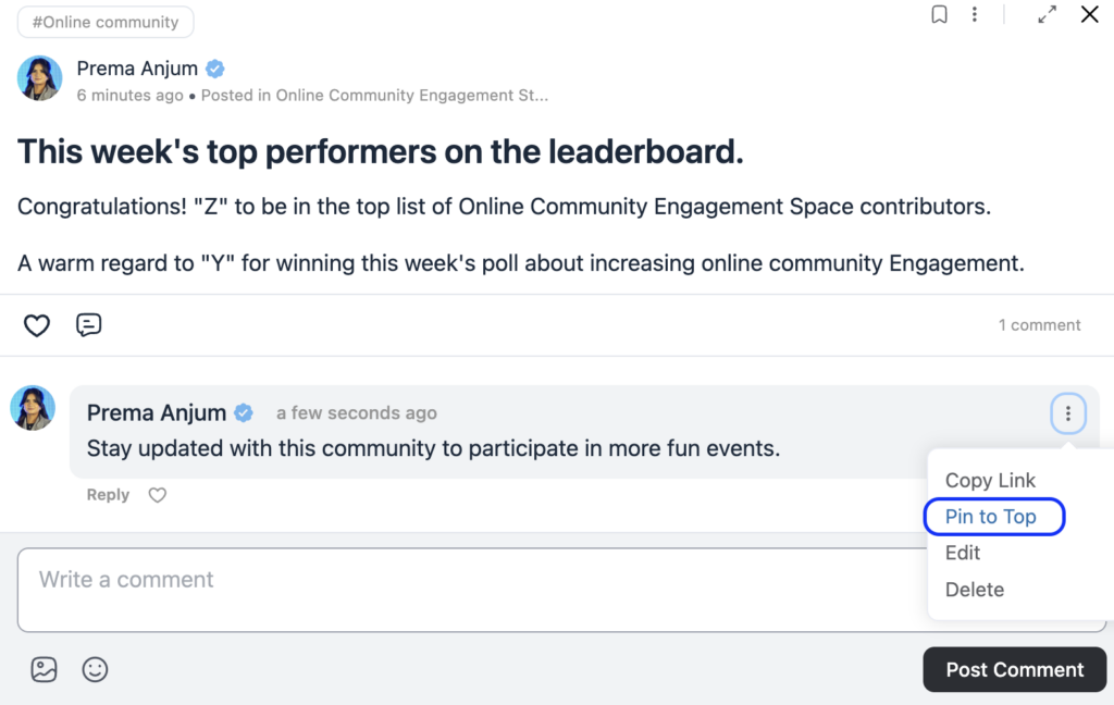 community, comment pinning option, fluentcommunity