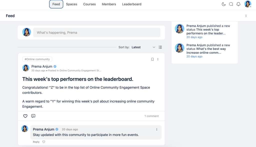 activity feed, fluentcommunity, wordpress
