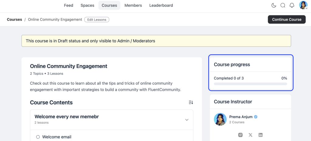 course progress, LMS plugin with community WordPress