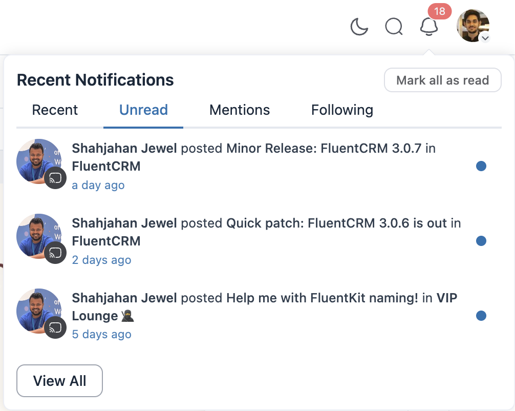 Refreshed notifications page showing the new Unread tab in FluentCommunity
