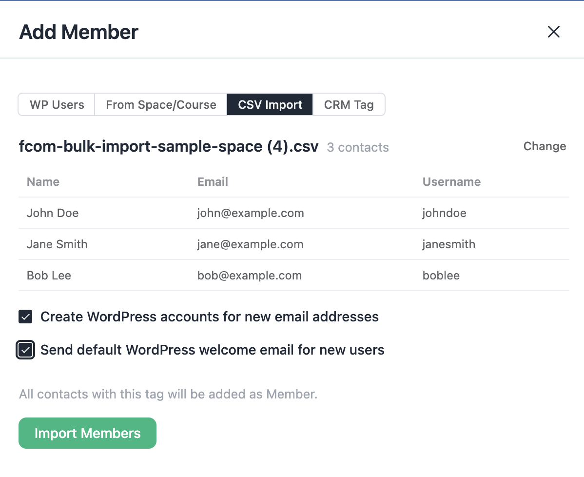 Bulk import screen showing the new welcome email opt-in checkbox in FluentCommunity