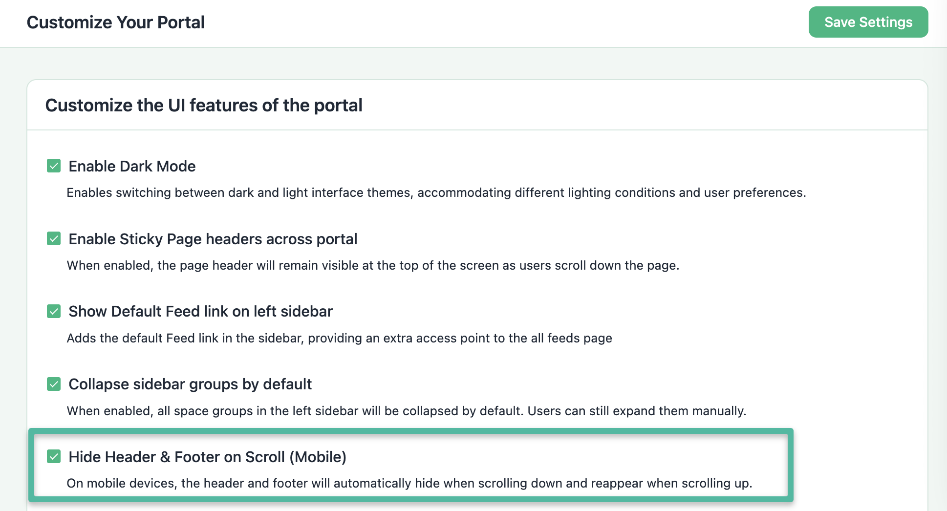 FluentCommunity admin Customization settings page with a toggle labeled Hide Mobile Header and Footer on Scroll
