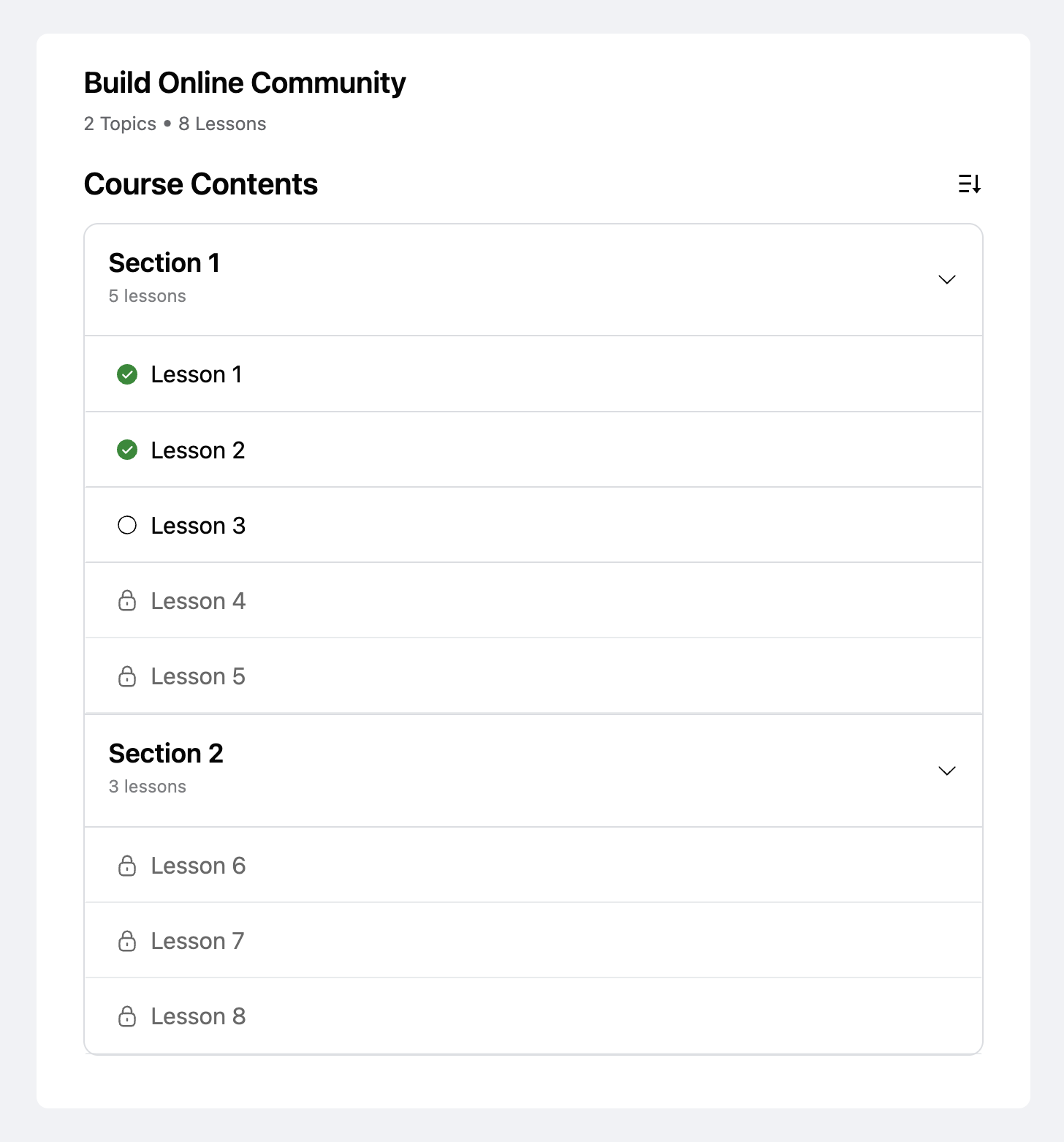 Sequential lesson lock UI inside a FluentCommunity course showing locked and unlocked lessons in order
