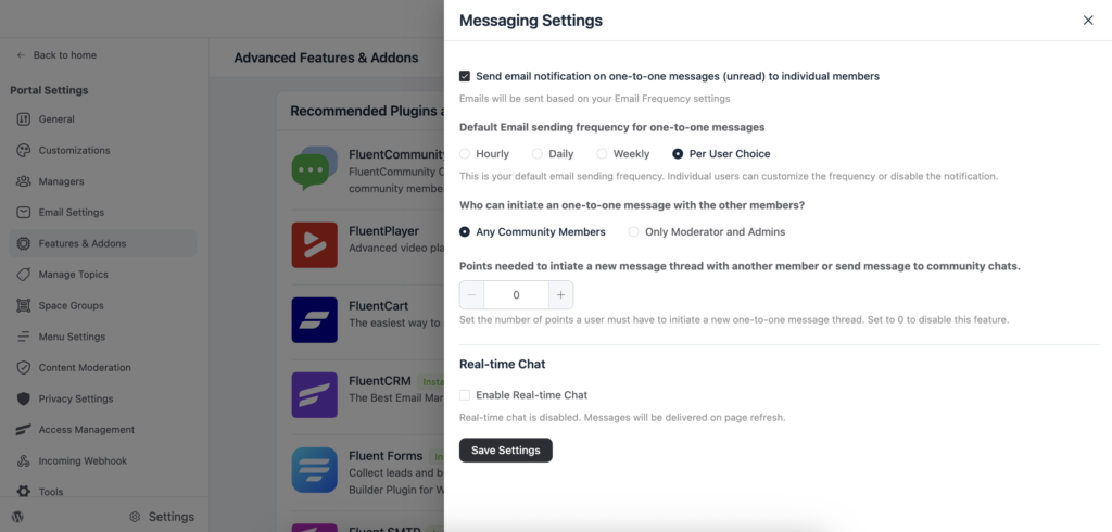 messaging settings, fluentcommunity