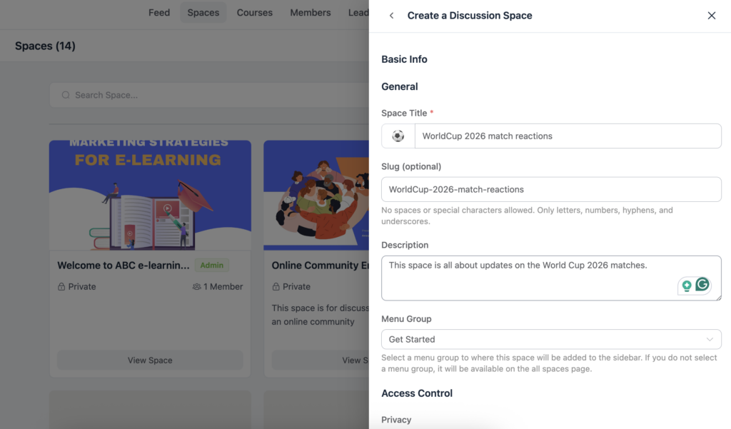 creating a space, fluentcommunity