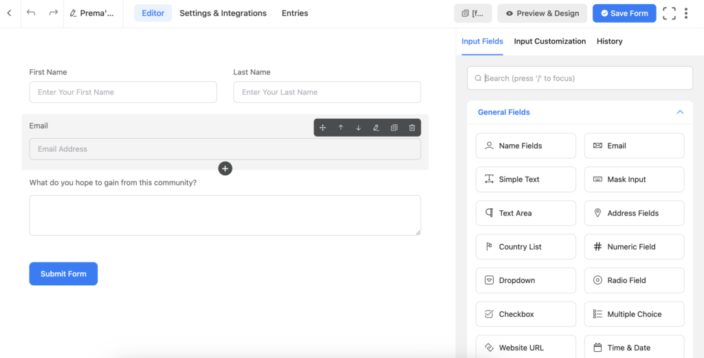 fluent forms, input fields