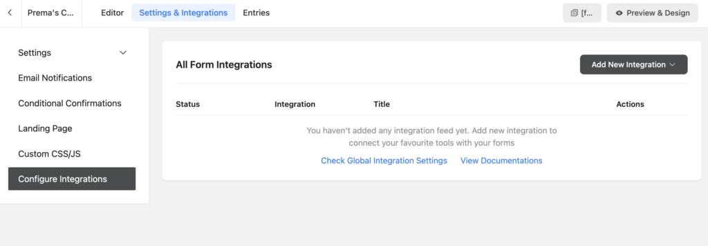 fluent forms, settings, configure integrations