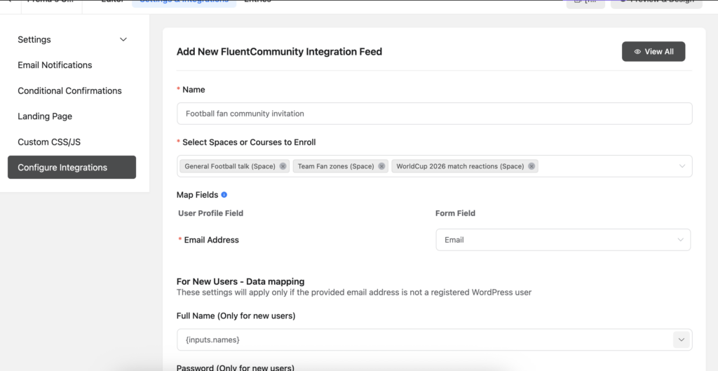 Integration feed setup with fluent forms, wordpress