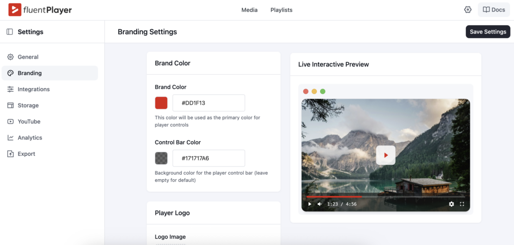 Branding settings, fluentplayer