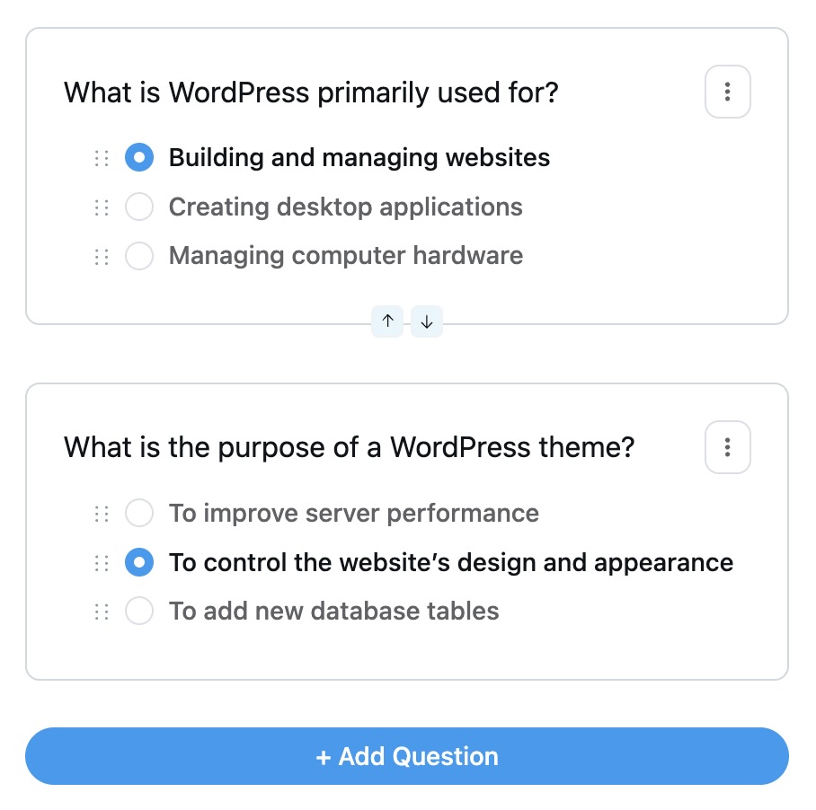 Quiz editor screenshot: Improved quiz setup editor in FluentCommunity showing the question modal and option reordering