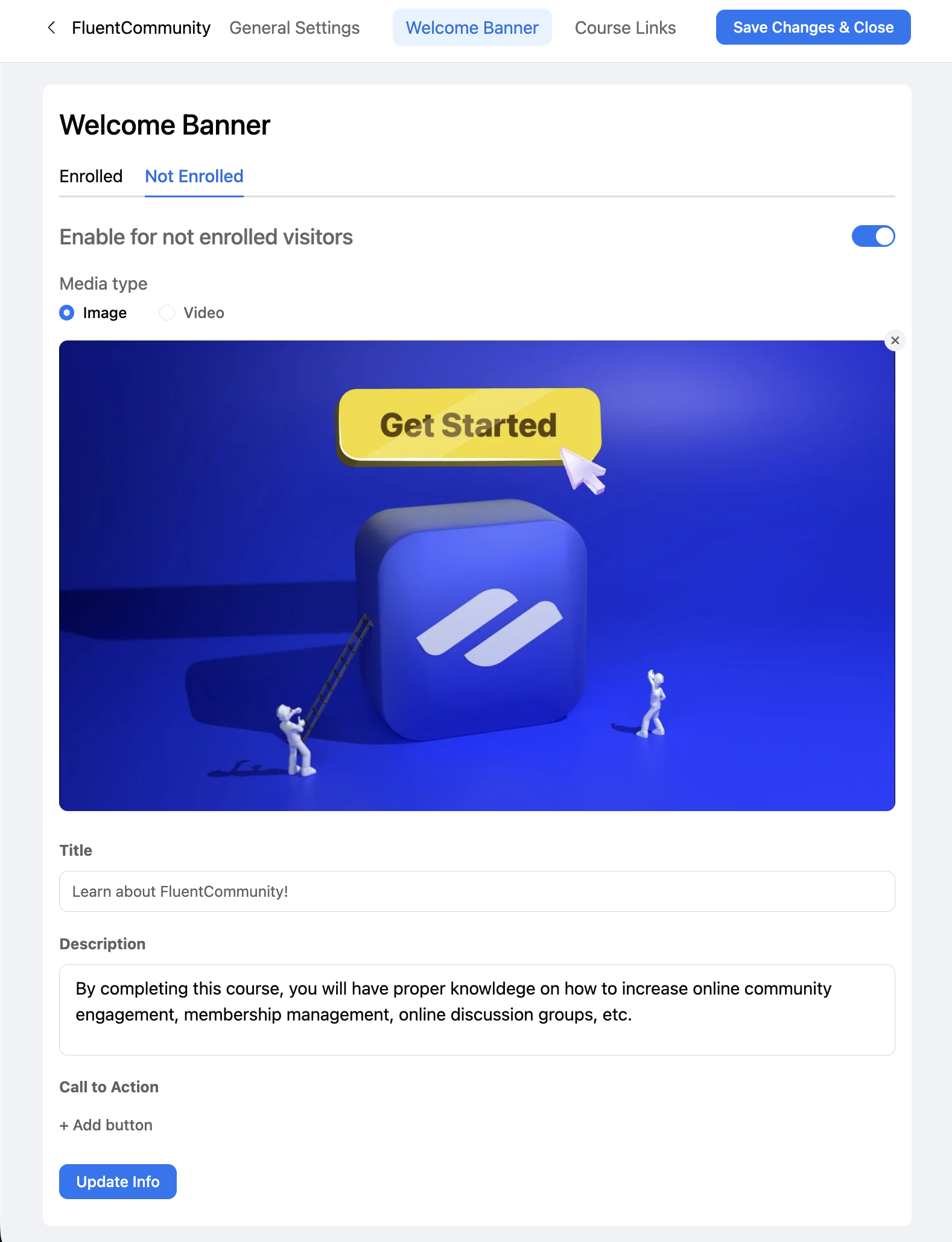 Welcome Banner admin screenshot: Welcome Banner admin tab inside Course Edit