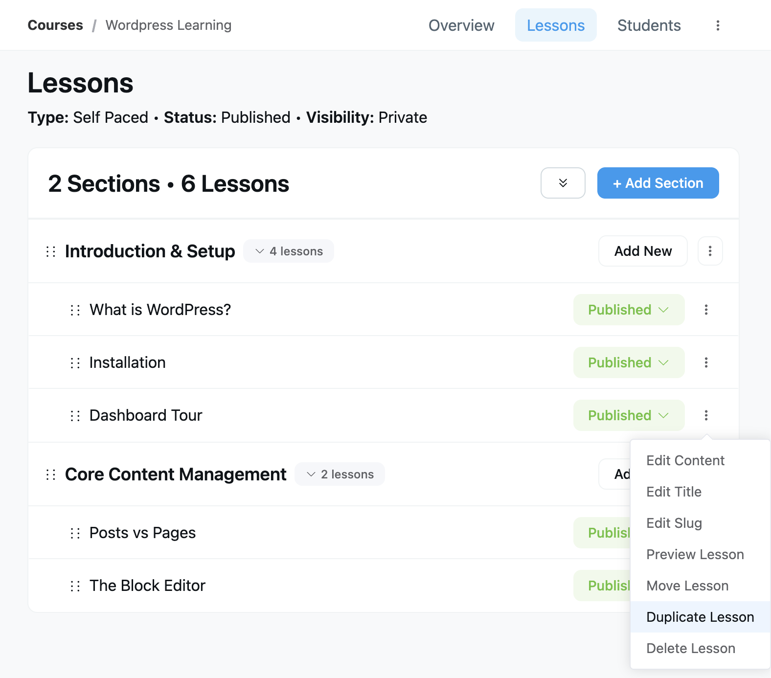 Duplicate lesson screenshot: Lessons admin showing the new Duplicate Lesson action in the lesson dot-menu
