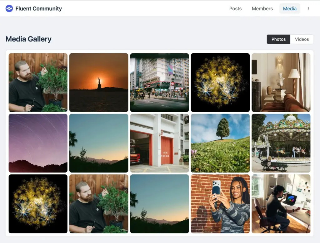 Space Media Gallery showing a grid of images and videos shared in a community space