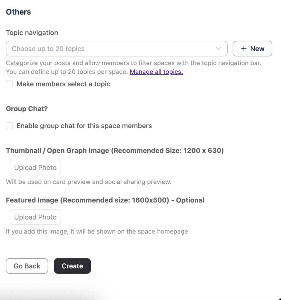 Topic navigation, Featured image, space settings, FluentCommunity