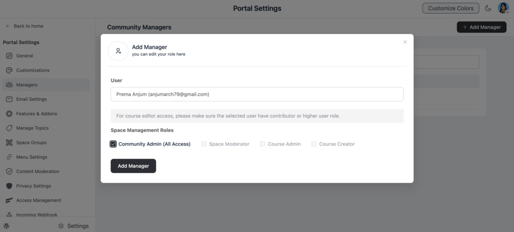 add manager, fluentcommunity