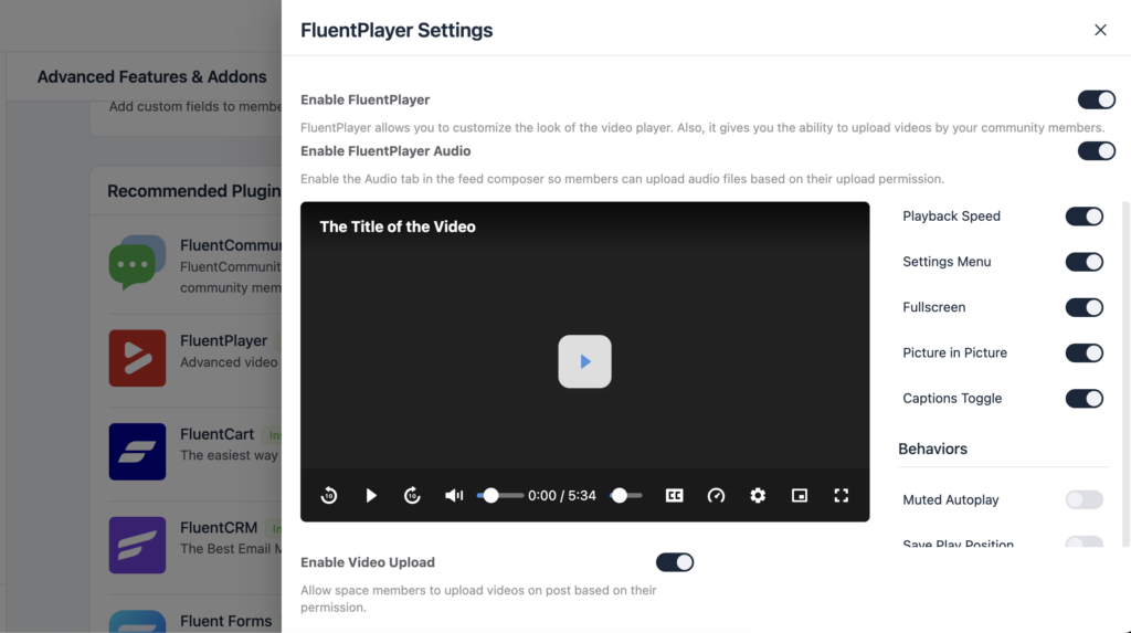 FluentPlayer settings, wordpress