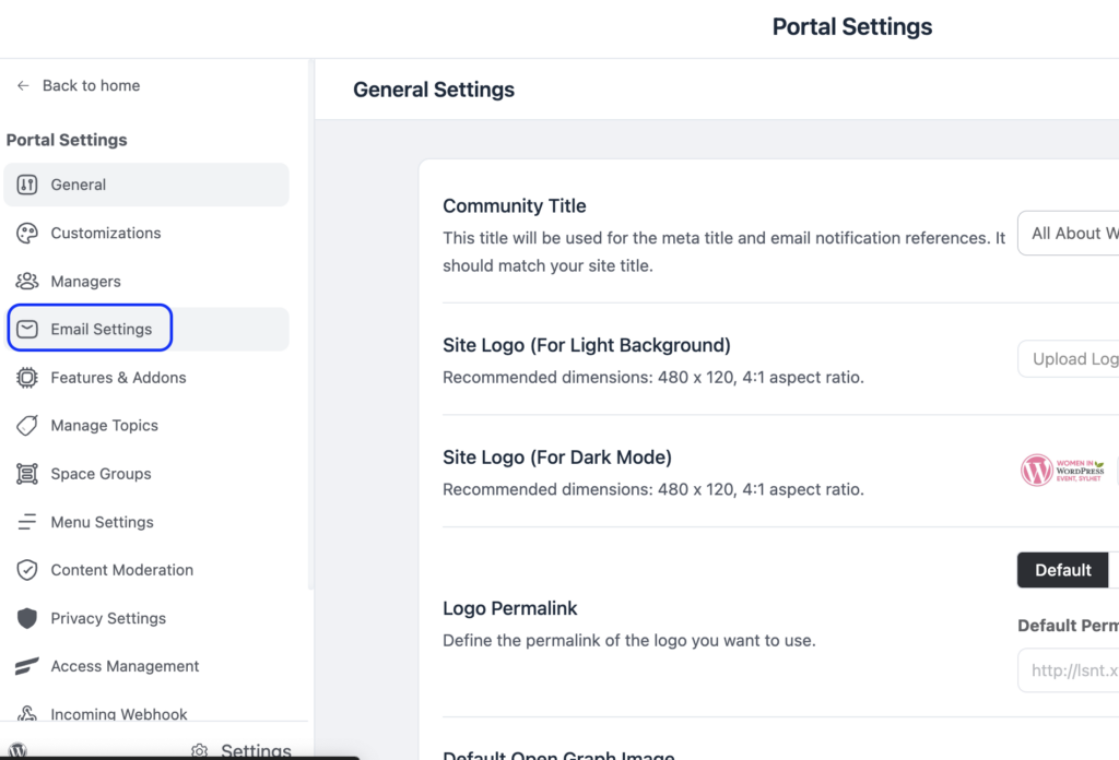 portal settings, email settings