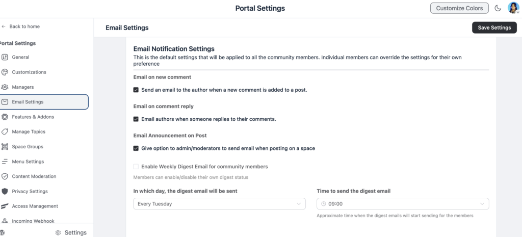 email notification settings, enabling weekly digest