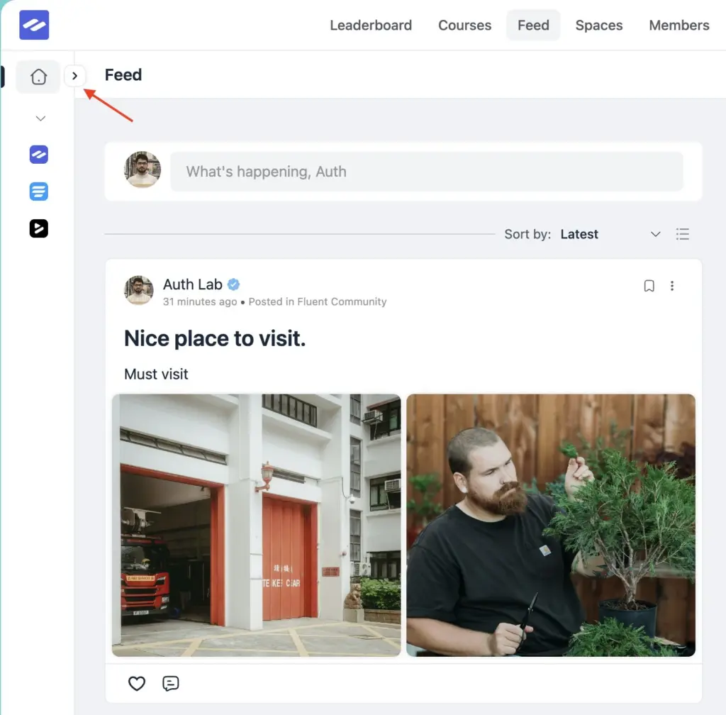 Community portal with the sidebar collapsed to give the feed more room