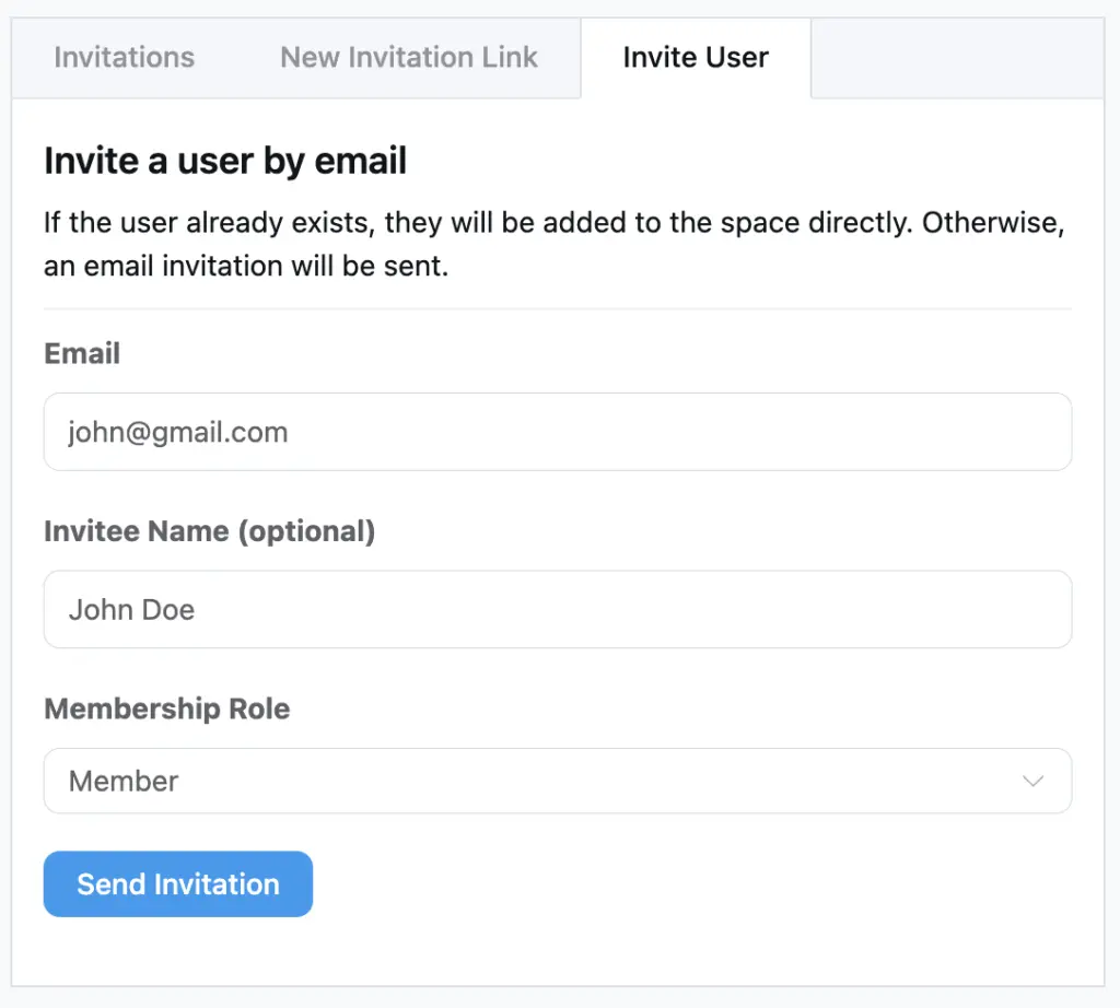 Invite a member dialog with an email address field and an optional name field