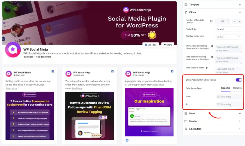 specific date range selection for showing facebook posts with wp social ninja