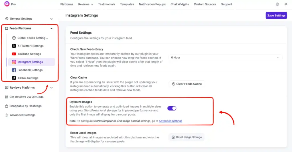 image optimization feature of wp social ninja for social feeds