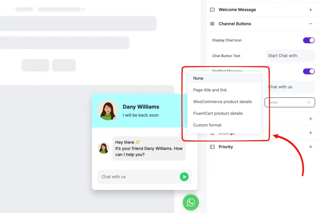 prefilled message context for whatsapp and sms widgets created with wp social ninja