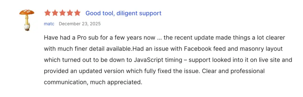 user praises the reliability of wp social ninja