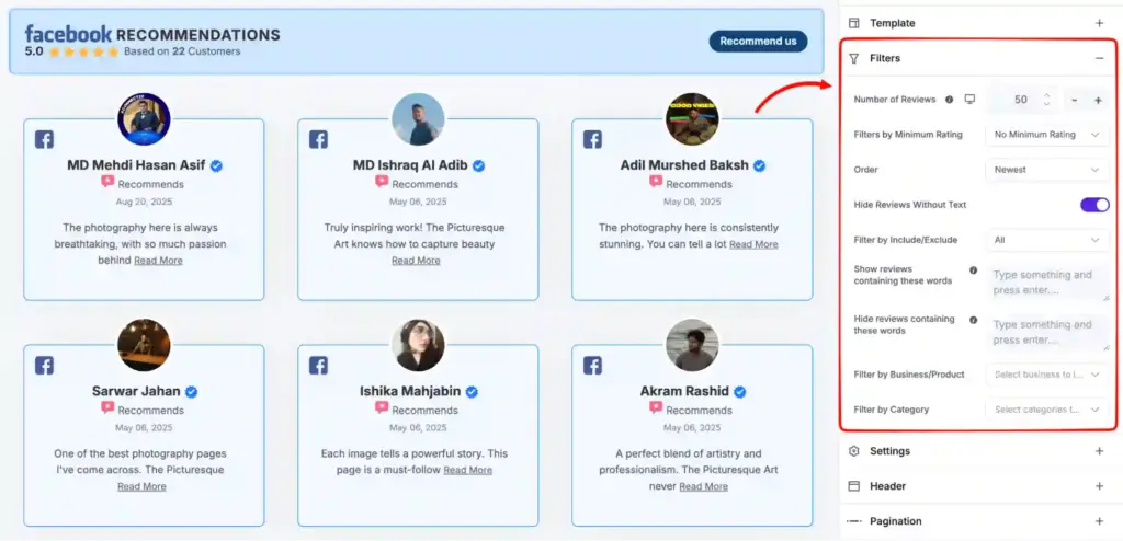 wp social ninja filters for integrated reviews