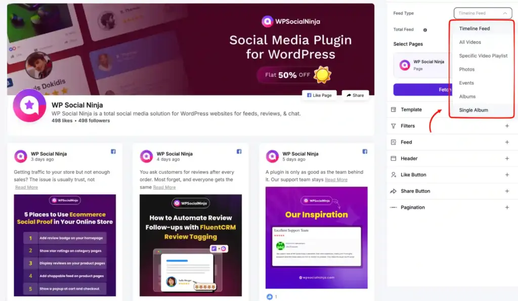 different feed types for facebook page offered by wp social ninja