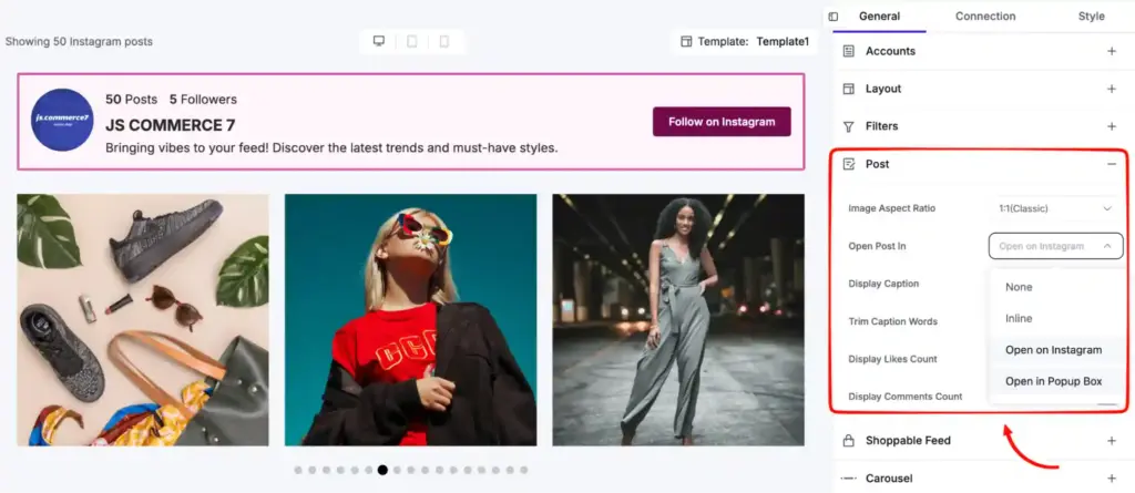 different post opening options for instagram feed