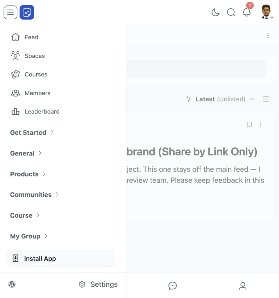 FluentCommunity portal sidebar showing the new Install App entry, with a phone home screen displaying the community's app icon