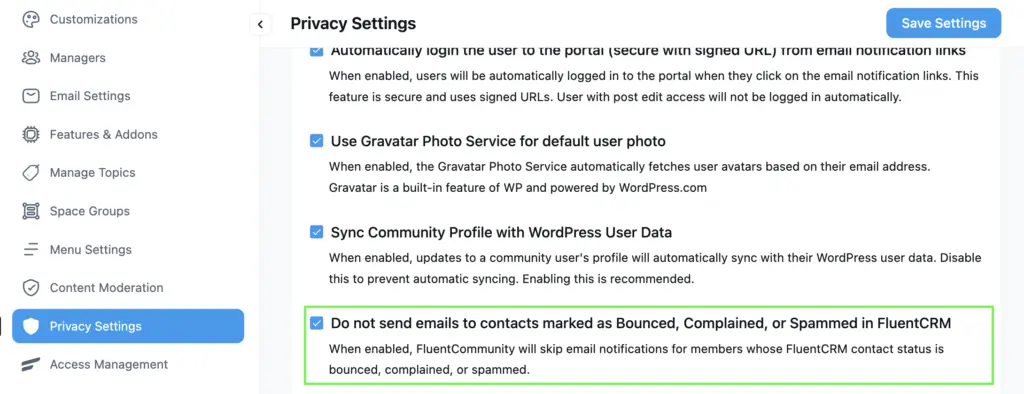 Do not send emails to contacts marked as Bounced, Complained, or Spammed in FluentCRM